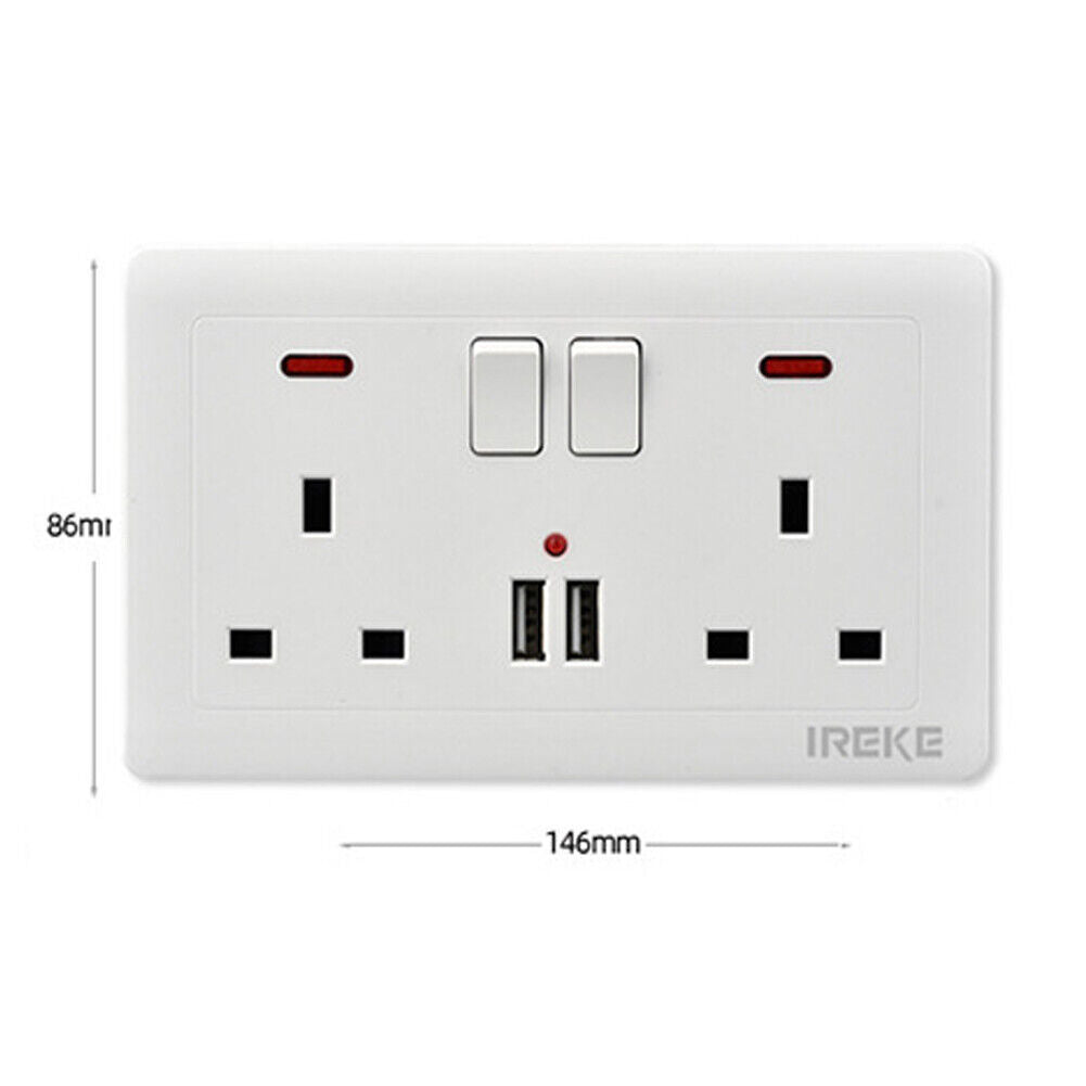 Double Wall Plug Socket 2 Gang 13A W 2 Charger USB Outlets Flat  UK