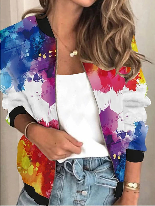 New Loose Stand Collar Cardigan Print Coat Women's Clothing