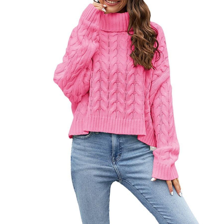 Thick Hemp Flowers Turtleneck Sweater Solid Color Casual