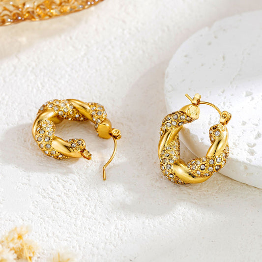 Gold Stainless Steel Diamond Twist U-shaped Earrings Fashion