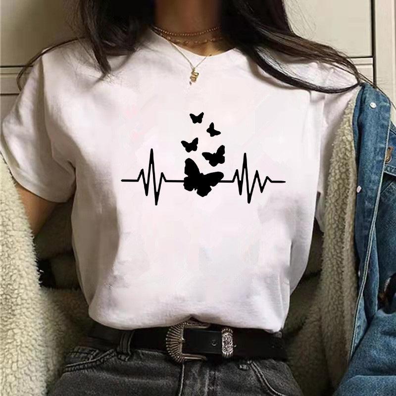 Butterfly Print T-shirt Loose Plus Size Women's Clothing