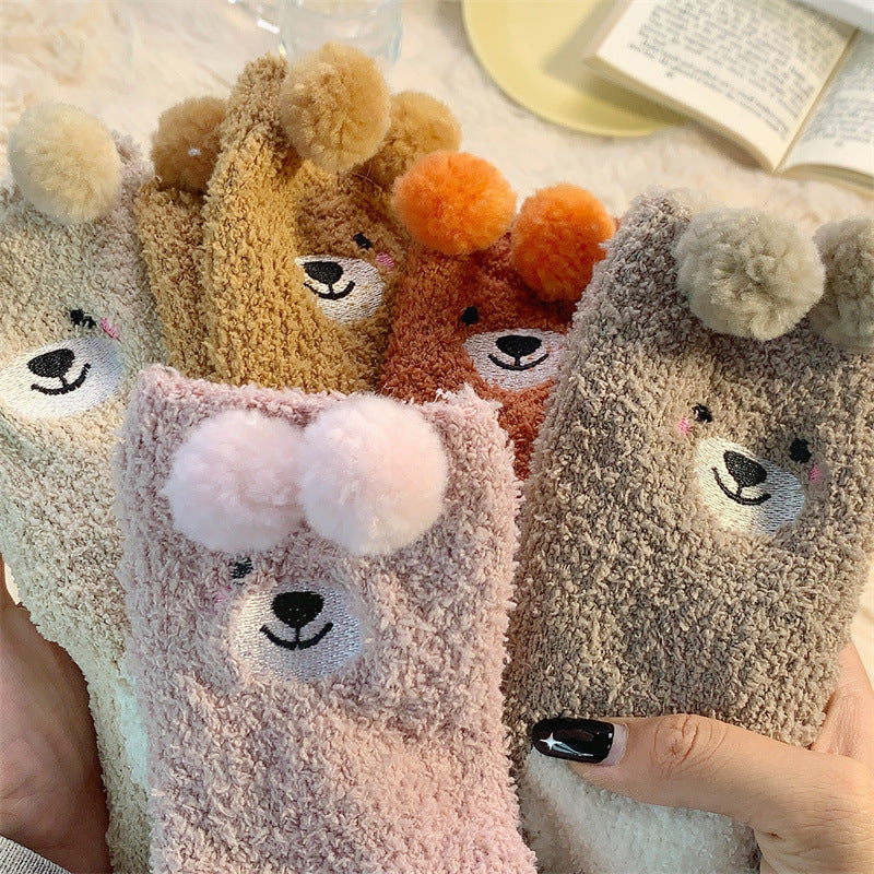 Cute Bear Coral Fleece Socks Autumn And Winter Fleece-lined Warm