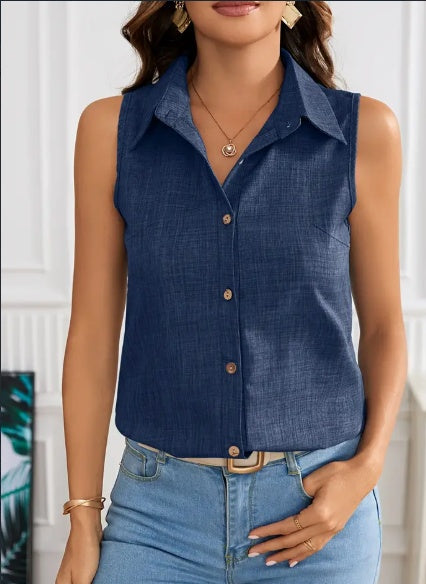 Sleeveless Button Front Blouse, Casual Collar Blouse For Spring & Summer, Women's Clothing