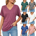 Leisure Pullover V-neck Solid Color Loose T-shirt Women's Top