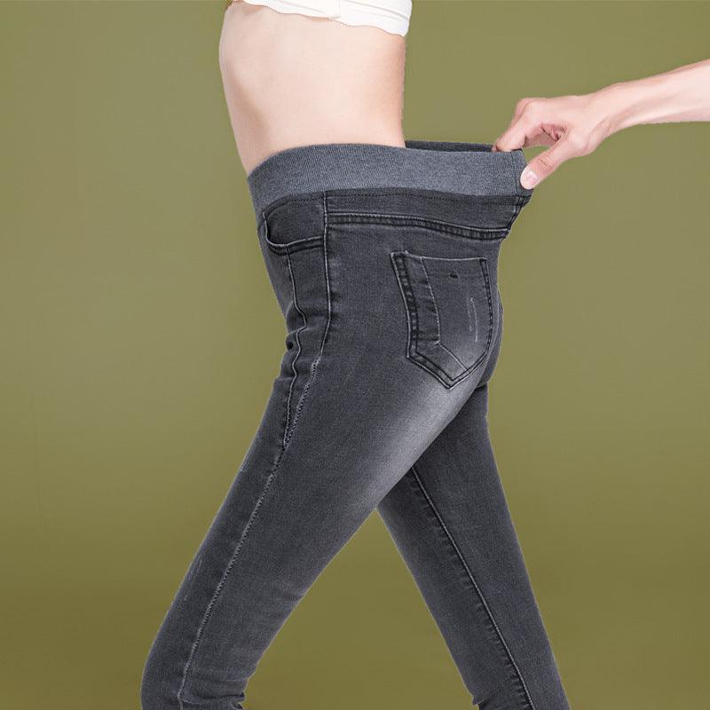 Women's High Waist Fat Mm Plus Size Elastic Fleece Jeans
