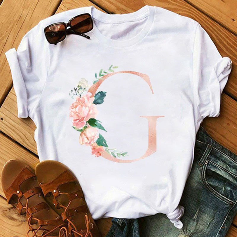 Letter Flower Women INS26 Letter Flower Print Casual T-shirt