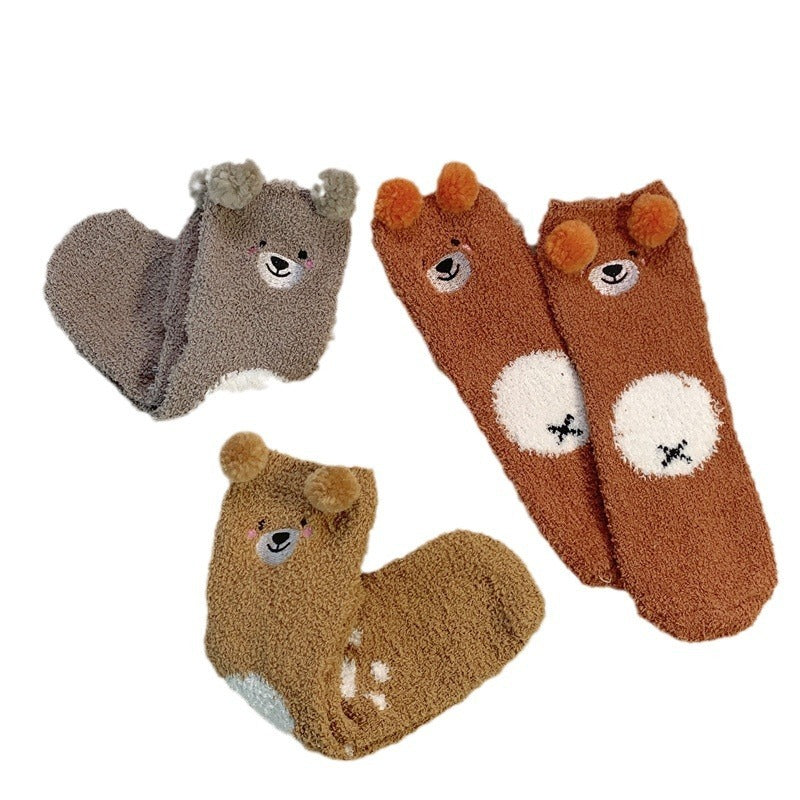 Cute Bear Coral Fleece Socks Autumn And Winter Fleece-lined Warm