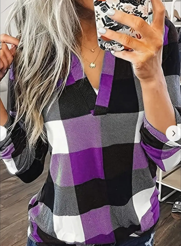 Casual Plaid Shirt, Long Sleeve V-neck Shirt, Casual Every Day Tops, Women's Clothing