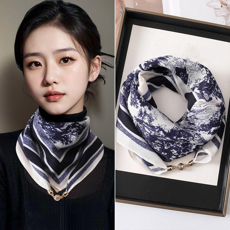 Magnetic Buckle Silk Scarf Women's Square Scarf Winter Lazy