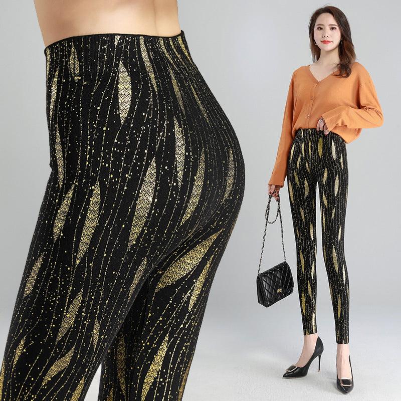 High Waist Large Print Plus Fleece Thickened Elastic Tights