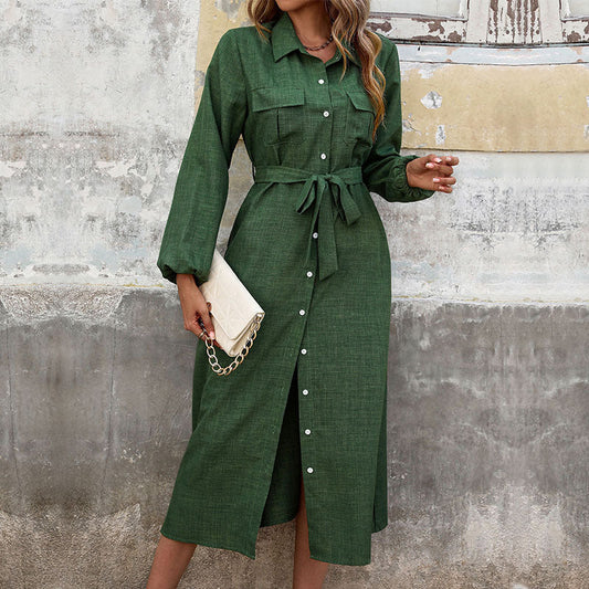 New Women Turn-down Collar Green Long Sleeve Solid Color Dress