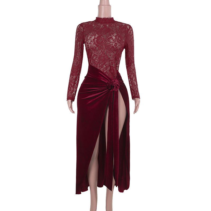 Sexy Slim-fitting Patchwork Lace Velvet Dress