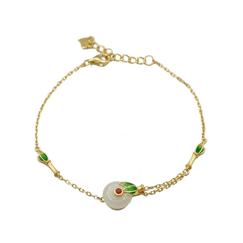 Ancient Gold Inlaid Hetian Jade Peace Buckle Enamel Painted Craft Fairy Retro Style Light Luxury High-grade Bracelet