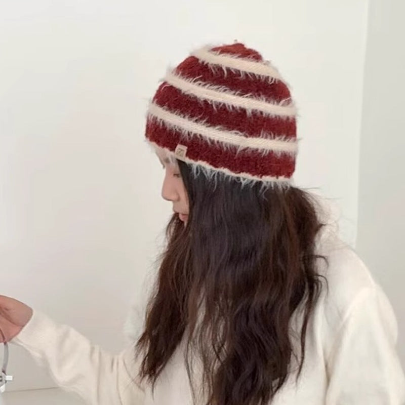 Striped Plush Knitted Hat All-matching