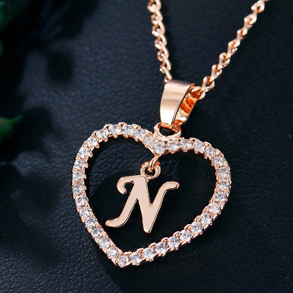 26 Letters Heart-shaped Zircon Pendant Necklace Stainless Steel Gold Color Chains Jewelry Birthday Gift For Women