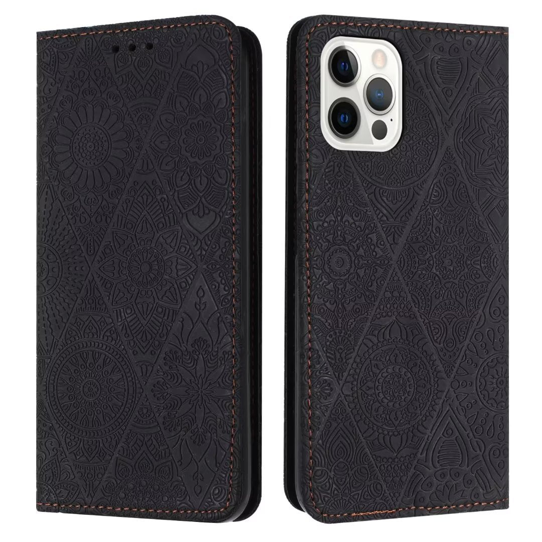 Solid Color Simple Retro Embossing Suction Leather Phone Case