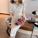 Socialite Style High-grade Bubble Sleeve Elegant Satin Slim-fit Sheath Polka Dot Dress Summer
