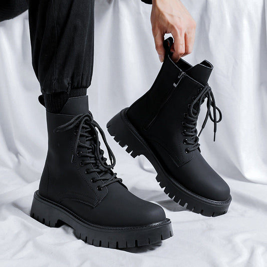 Black High-top Mid-calf Tooling Round Head Thick Bottom Martin Boots