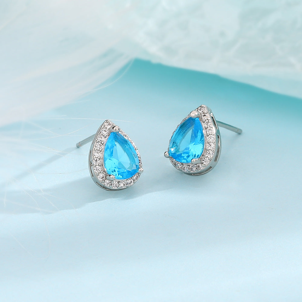 Super Flash Blue Water Drop Ear Studs French Elegance