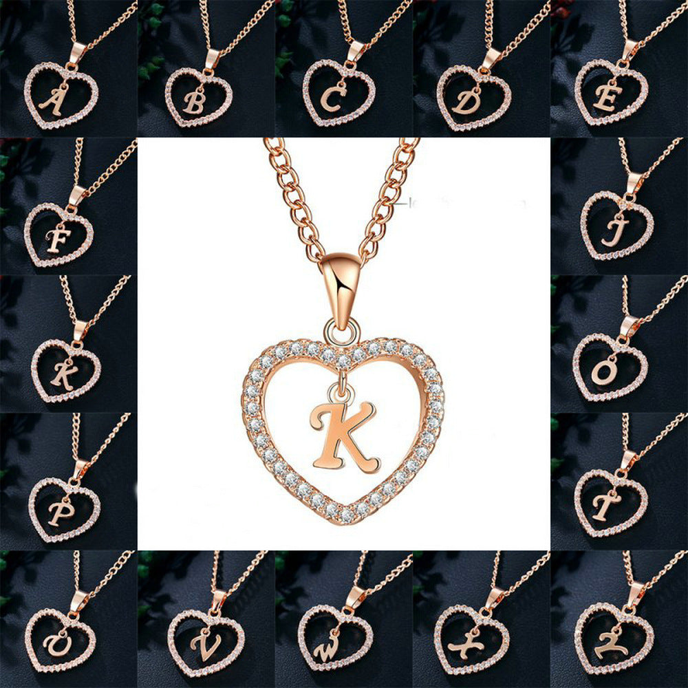 26 Letters Heart-shaped Zircon Pendant Necklace Stainless Steel Gold Color Chains Jewelry Birthday Gift For Women