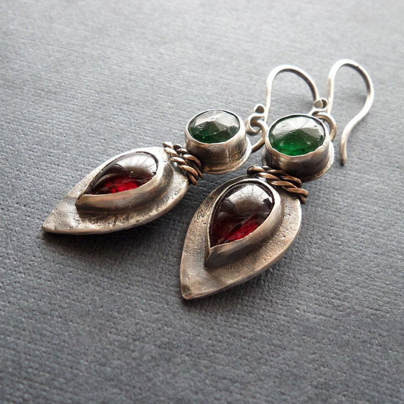 Geometric Simple Round Water Drop Red And Green Inlaid Vintage Earrings