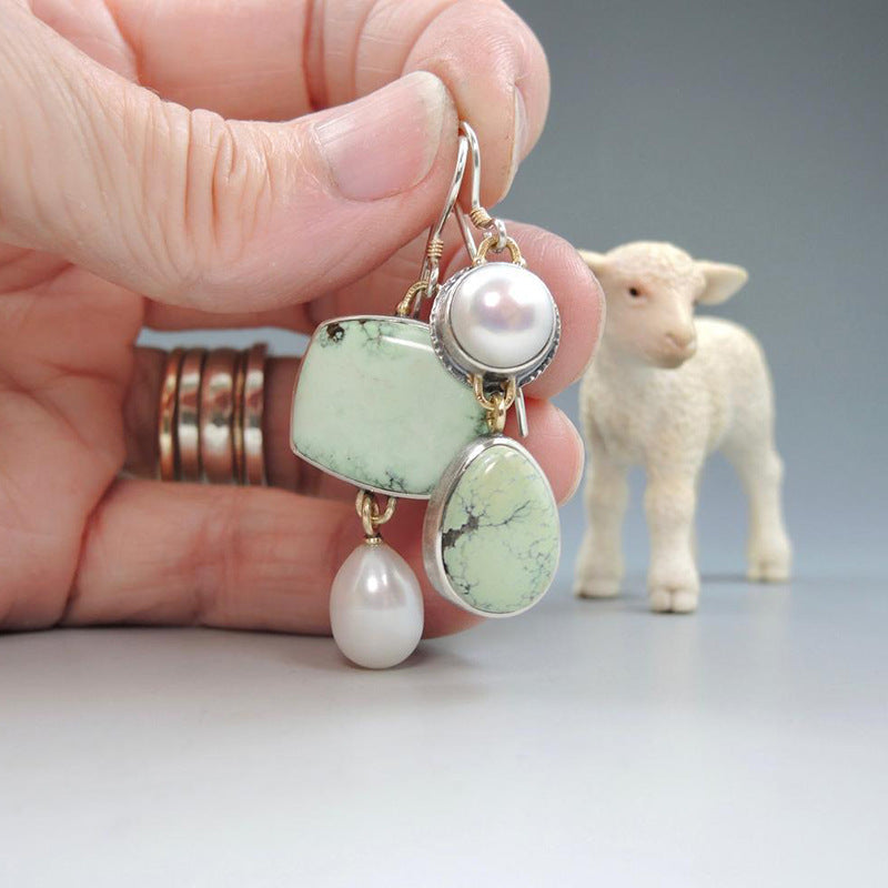 Asymmetric Pearl Handmade Geometric Light Green Enamel Eardrops