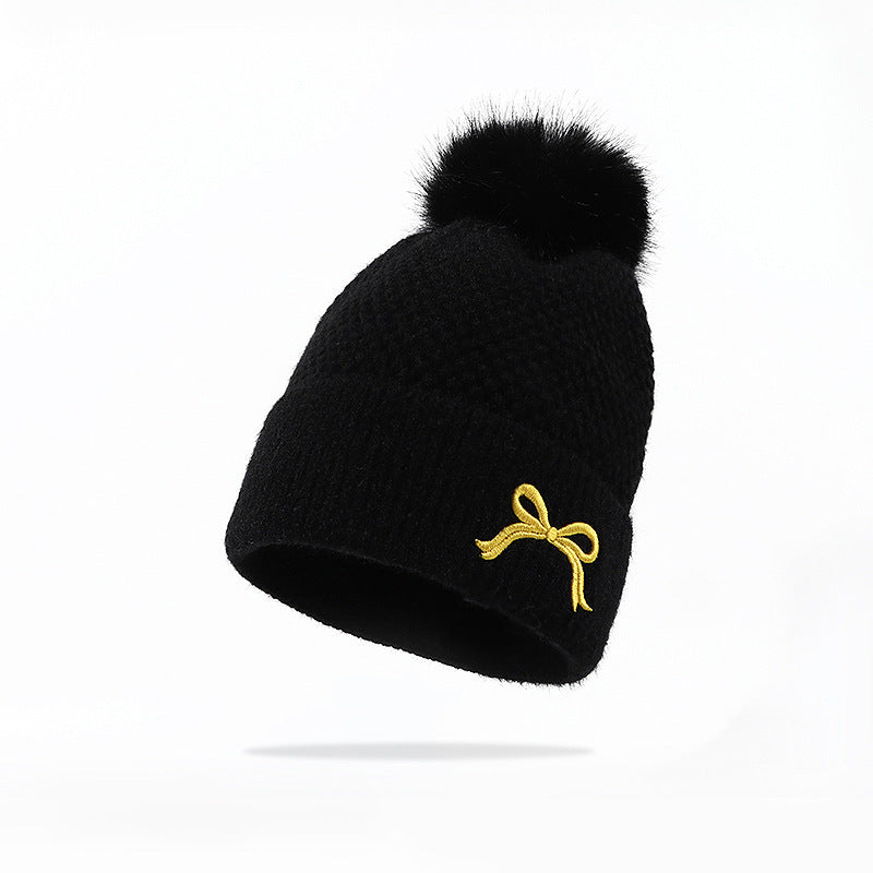 Bow Embroidery Velvet Knitted Woolen Cap