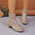 Outfit Sequin Chunky Heel Soft Bottom Women's Side Zipper Boots