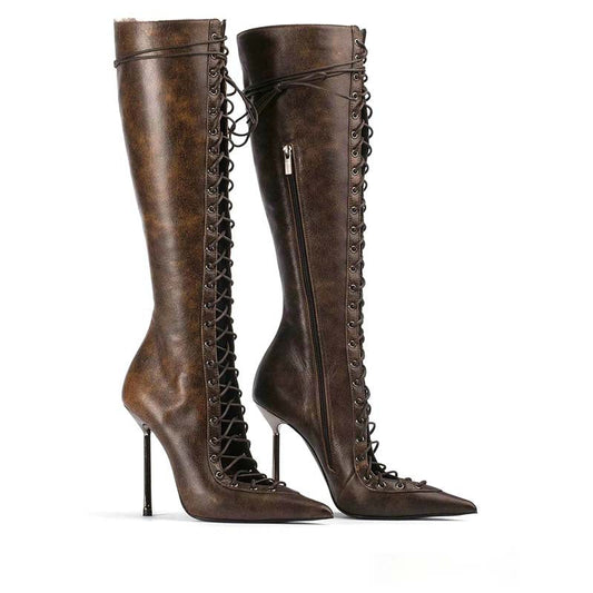 Pointed-toe Hollowed Cross Lace-up Stiletto Heel Sandal Boots