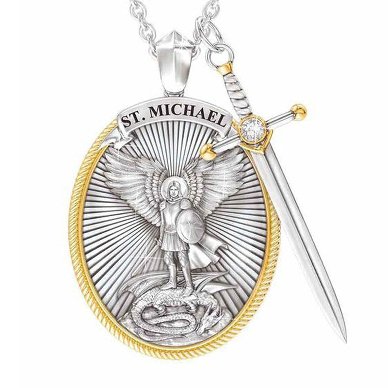 European Hip Hop Unisex Knight Cross Sword Saint Angel Michael Pendant Necklace