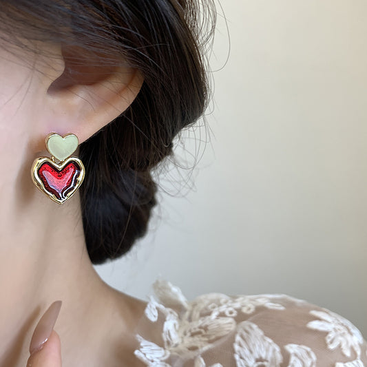 Wine Red Love Ear Ring Simple Elegance Retro Advanced