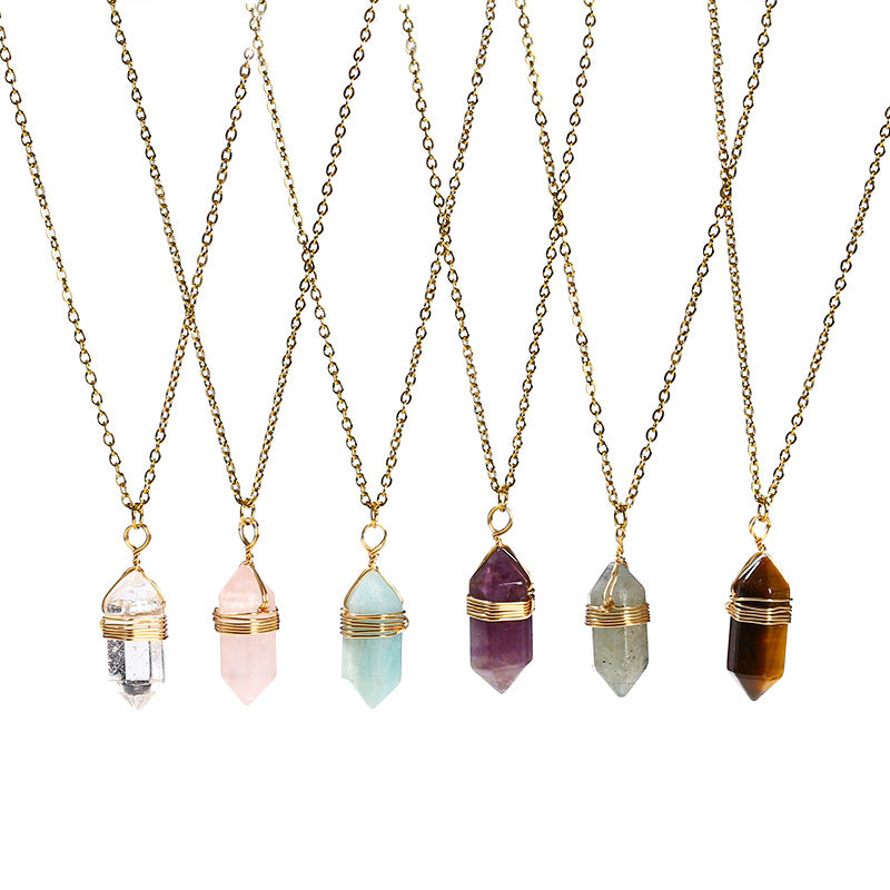 Natural Crystal Tigereye Double Pointed Hexagon Prism Winding Necklace