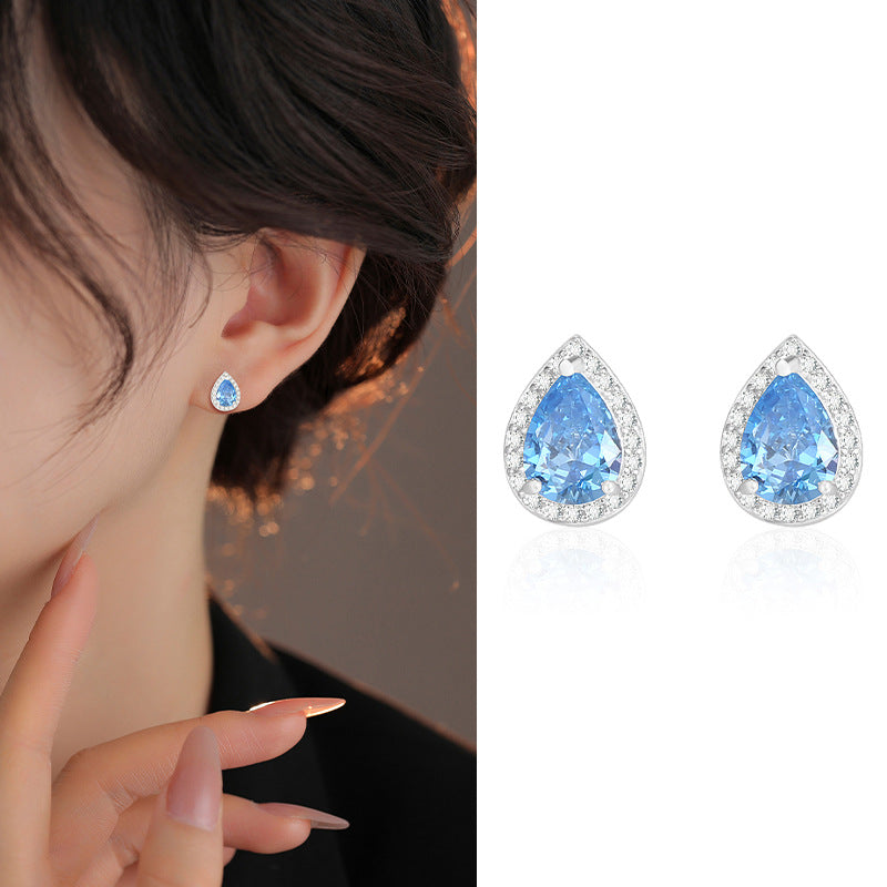 Super Flash Blue Water Drop Ear Studs French Elegance