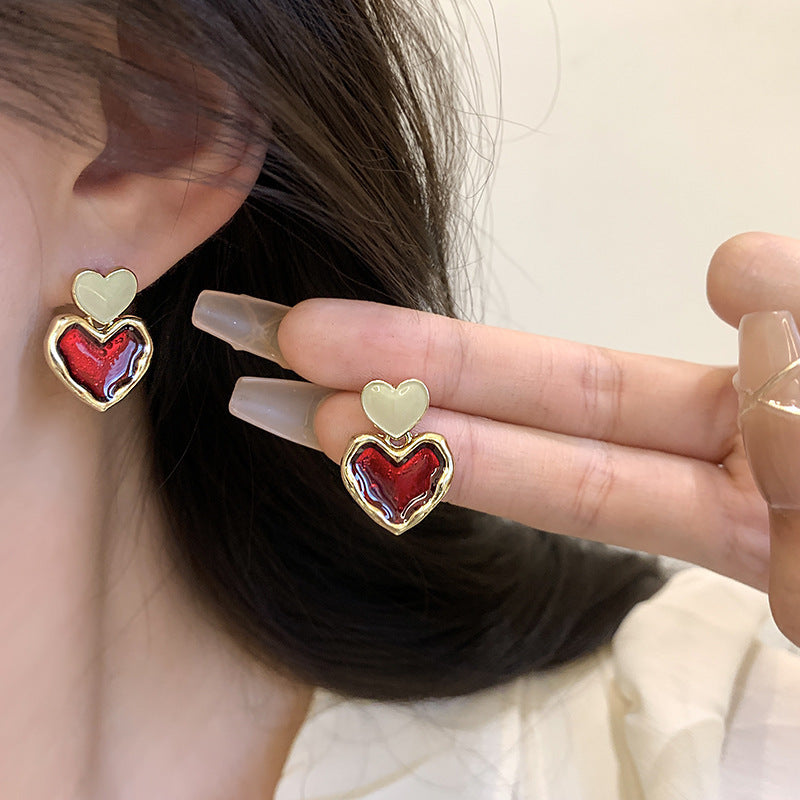 Wine Red Love Ear Ring Simple Elegance Retro Advanced