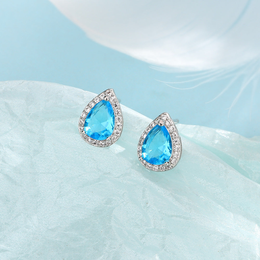 Super Flash Blue Water Drop Ear Studs French Elegance