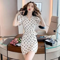Socialite Style High-grade Bubble Sleeve Elegant Satin Slim-fit Sheath Polka Dot Dress Summer