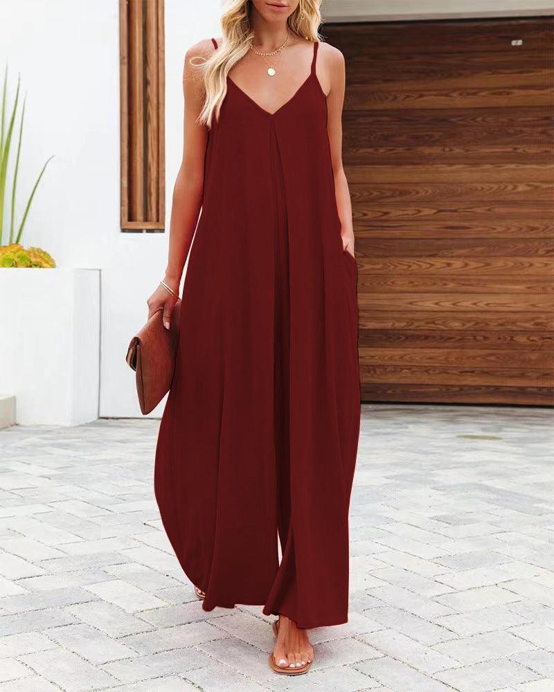 Women's Sling Wide-leg Pants Solid Color Pocket Casual Jumpsuit