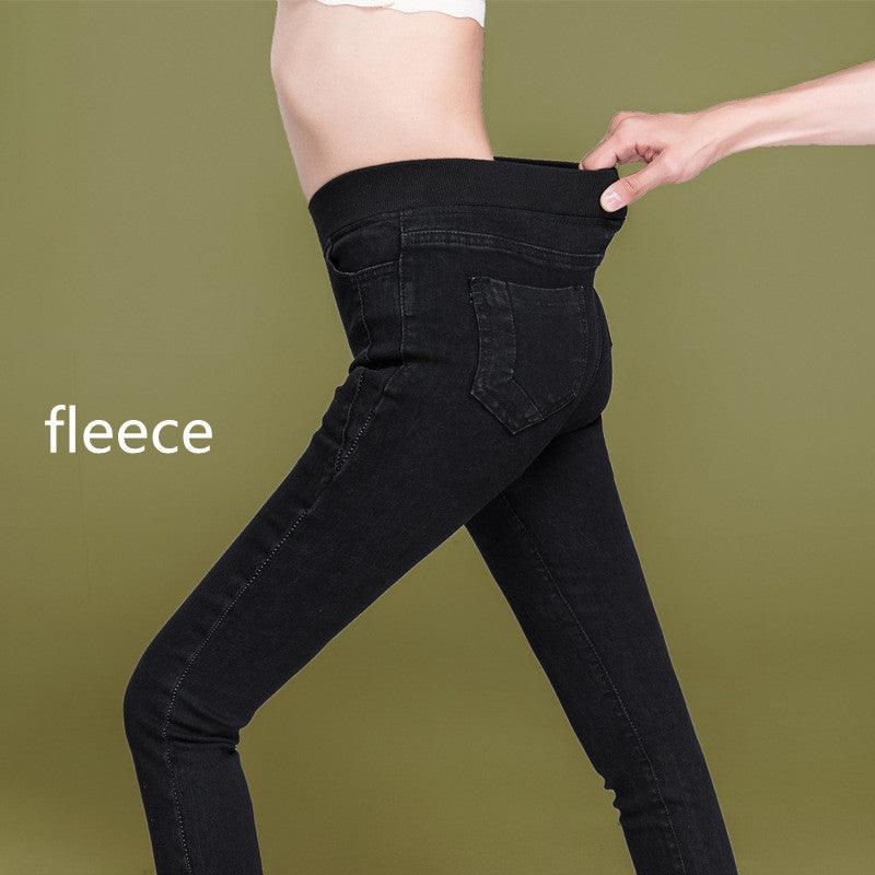 Women's High Waist Fat Mm Plus Size Elastic Fleece Jeans