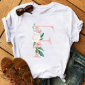 Letter Flower Women INS26 Letter Flower Print Casual T-shirt