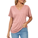 Leisure Pullover V-neck Solid Color Loose T-shirt Women's Top