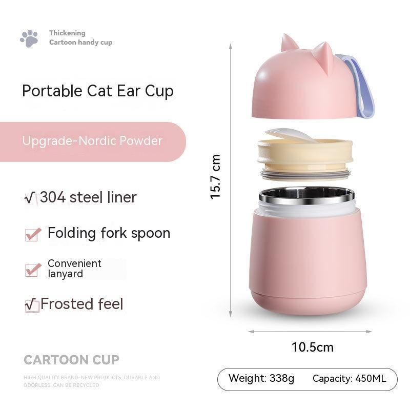 304 Stainless Steel Cartoon Cat Ear Insulation Soup Cups With Cover Spoon