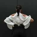 Ruffled Round Neck Off-the-shoulder Long Sleeve White Shirt