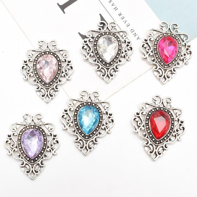 Antique Silver Alloy Flower Plate Water Drop Gem Brooch