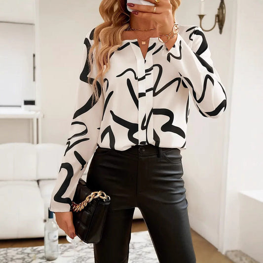 Women's Long-sleeved Printed V-neck Top