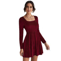 Waist-controlled Large Hem Temperament Long Sleeve Party Velvet Dress