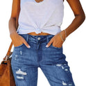 Summer Mid-waist Slim-fit Cropped Pants Ripped Tassel Jeans For Women