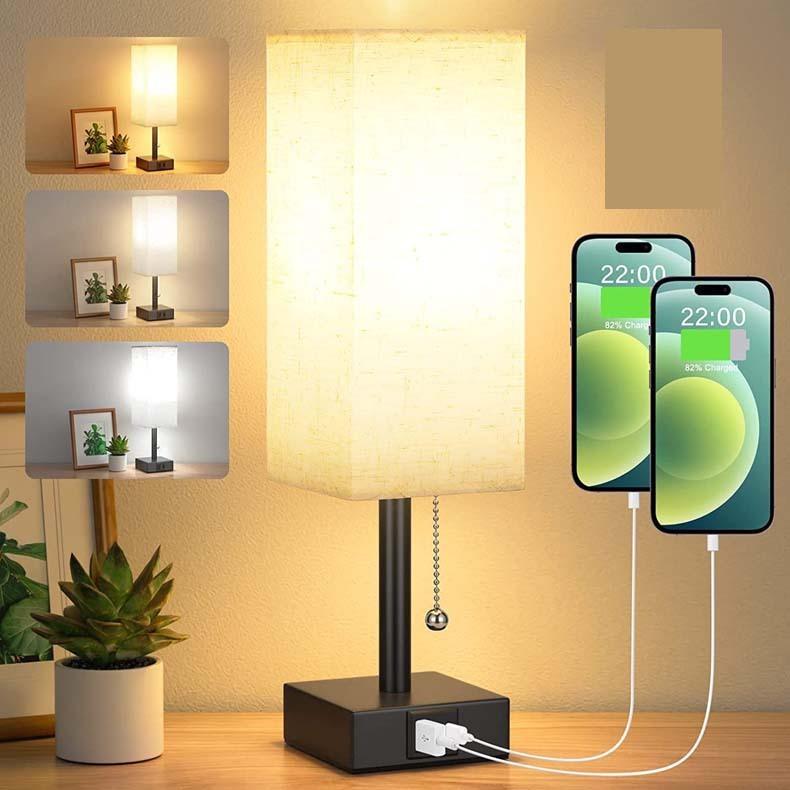 Bedside Table Lamp With 3 Levels Brightness Small Lamp With USB C & A Nightstand Lamp With Pull Chain Bedroom Lamp For Living Read Work