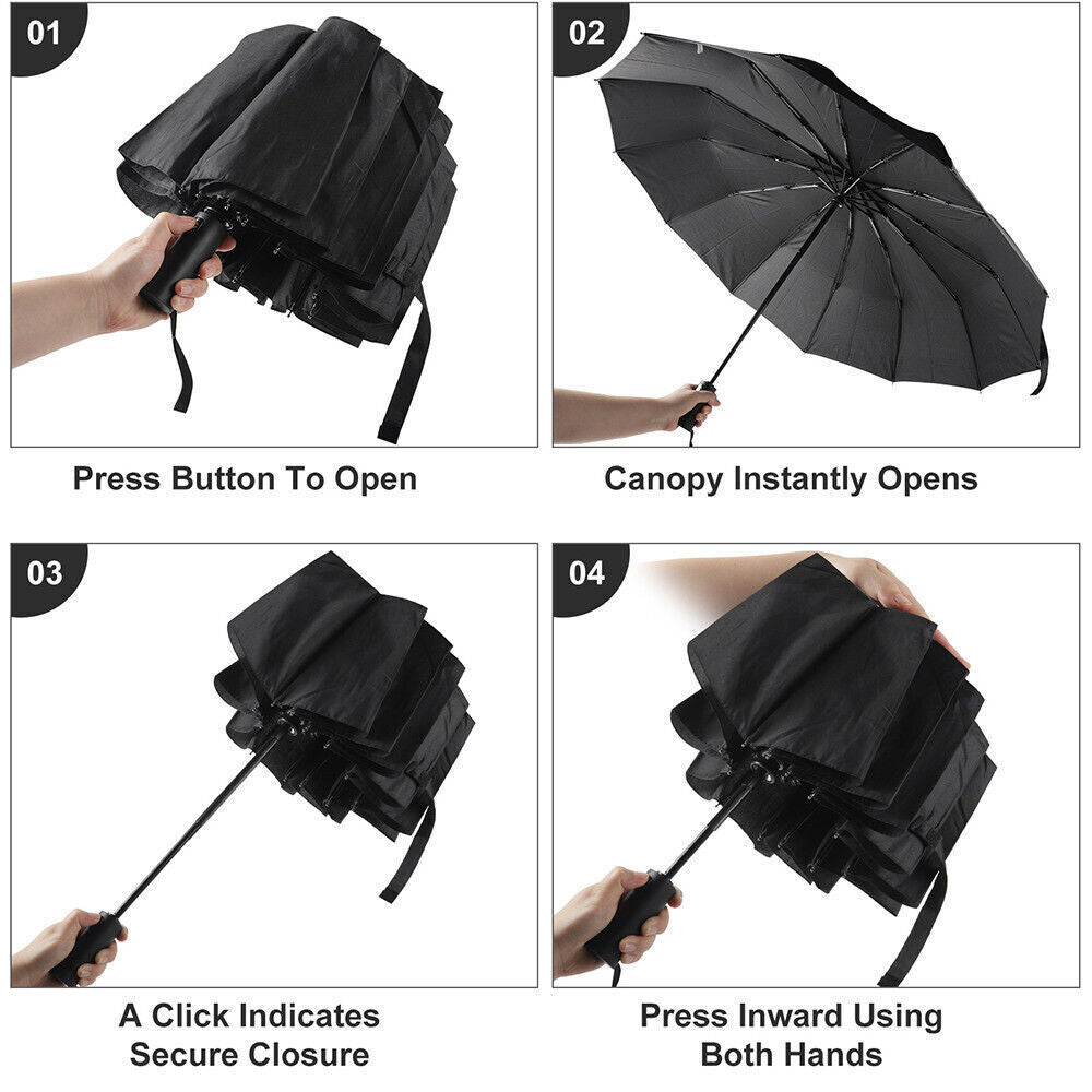 12 Ribs Strong Automatic Umbrella Windproof Stormproof Compact Folding Umbrella