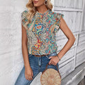 Printed Ruffled Round Neck Short Sleeve Shirt