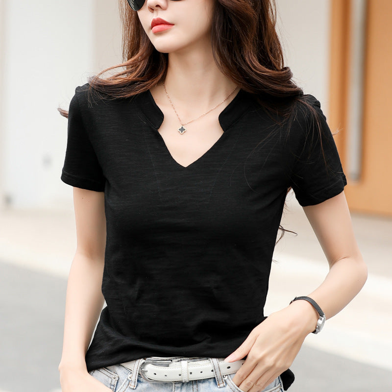 Summer Loose Short-sleeved Women's T-shirt Slub Cotton V-neck Casual